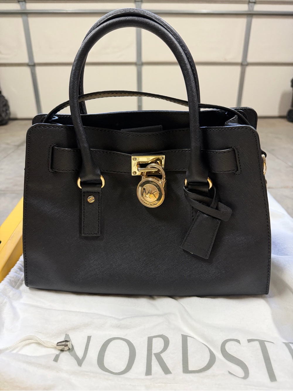 Michael Kors Black Saffiano Satchel with Gold Hardware and MK Charm